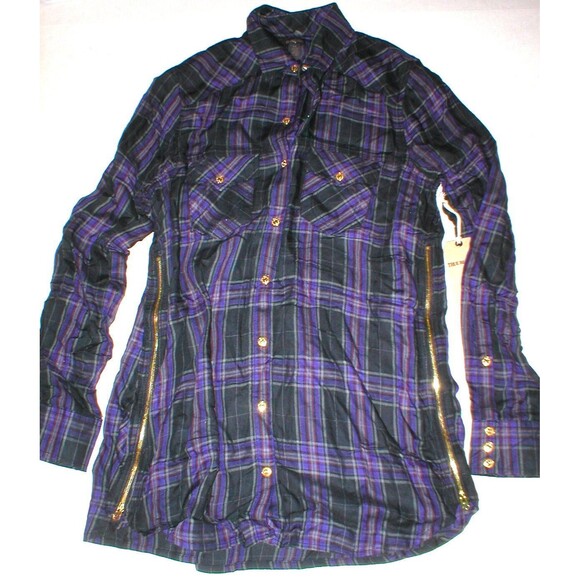 New Womens Designer True Religion S Plaid Top Logo Black Purple NWT Tunic Zip - Picture 1 of 7